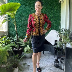 Vtg Maggie London 100% Silk Blazer Buttoned Top Size 6 Red Plaid Baroque
